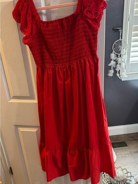 Women's Red Smocked Midi Dress with Eyelet Ruffle Sleeves